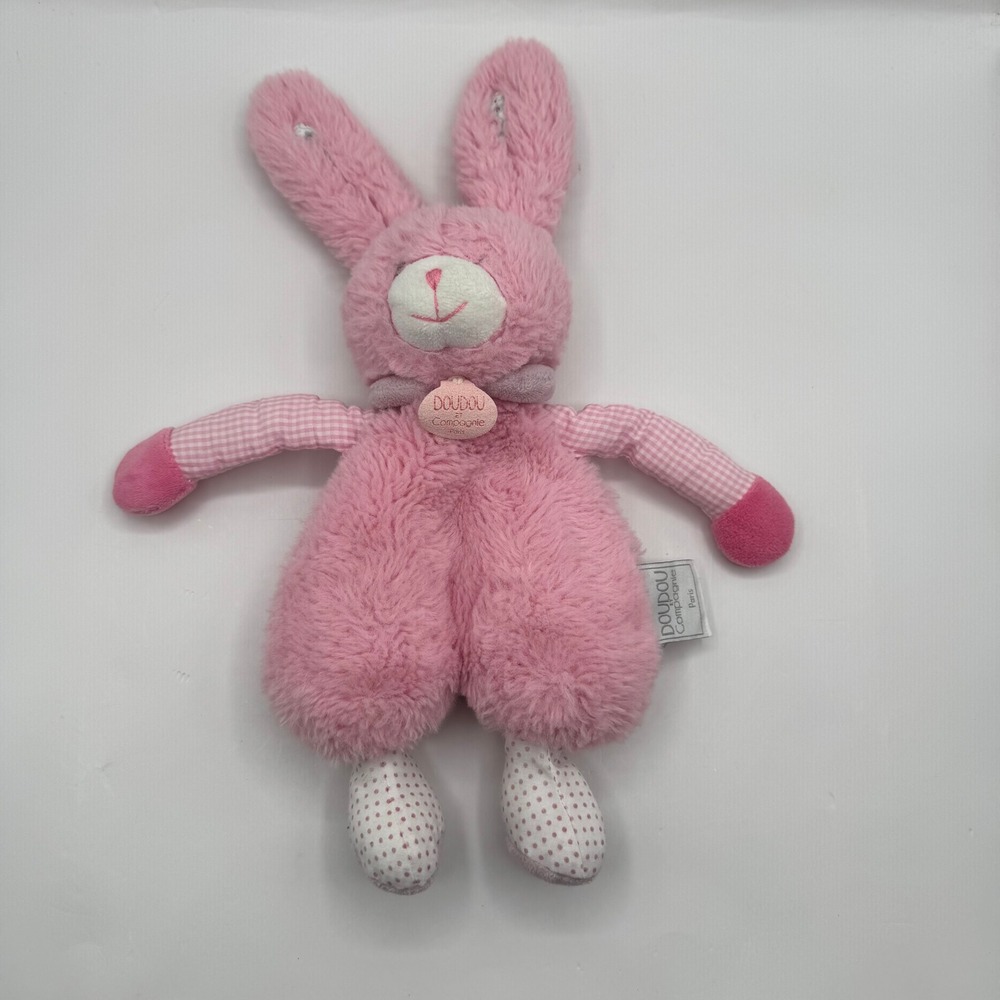 Doudou et Compagnie Bunny Plush Kids 11in Pink Gingham Polka Dot Rabbit Toy
